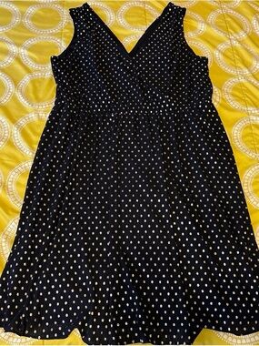 Nine West Black V-Neck Black and Gold Polka Dot Midi Dress